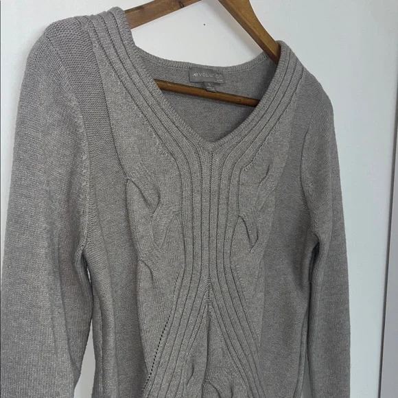Evolution by Cyrus Women’s Small V-Neck Cable Knit Sweater Gray Stretch Soft - Picture 3 of 8